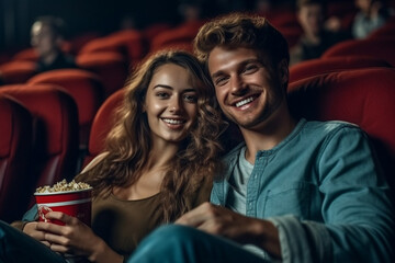 young adult woman and man in the cinema or theater or opera, in an armchair, happy beaming, good entertainment, free time and weekend. Generative AI - obrazy, fototapety, plakaty