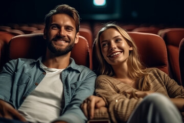young adult woman and man in the cinema or theater or opera, in an armchair, happy beaming, good entertainment, free time and weekend. Generative AI - obrazy, fototapety, plakaty
