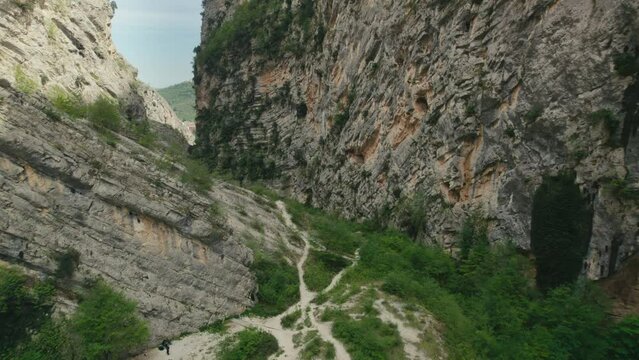 Aerial shot in an Italian canyon, Gole di San Martino, in Abruzzo, Italy with a 4K drone