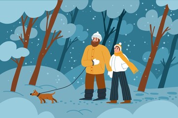 Happy guy with girl walking with dog in evening winter forest. Cartoon couple in love with pet promenades in city park, vector concept © Vectorcreator