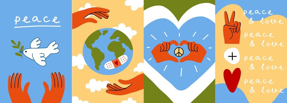Hippie peaceful posters. Dove, planet earth, pacifism, goodness, peace symbols, stop war cards, hands take care and protect, vector set