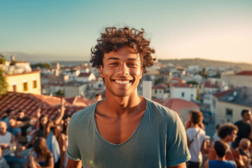 young adult man on a sunny day on a balcony or on a flat rooftop, party or meeting with friends or tourists, vacation day in an old town, fictional place. Generative AI