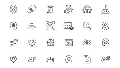Set of icons core values.Vector images with editable stroke. Includes such qualities as performance, passion, diversity, exceptional, innovative, accountability, will to win, empathy, open-minded.