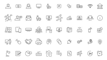 Office icon set. Containing briefcase, desk, computer, meeting, employee, schedule and co-worker symbol. Solid workspace icons vector collection.