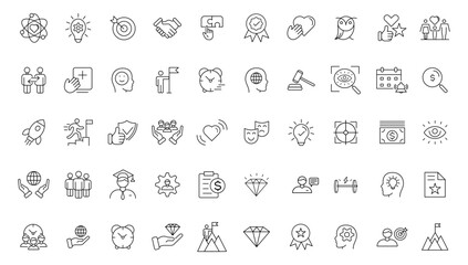 Set of icons core values.Vector images with editable stroke. Includes such qualities as performance, passion, diversity, exceptional, innovative, accountability, will to win, empathy, open-minded.