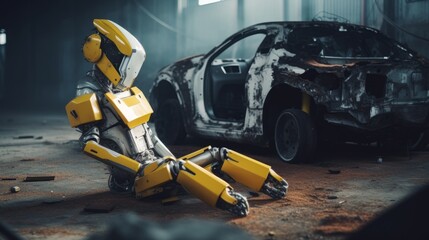 Futuristic Robot Crash Test Dummy Sitting Near Destroyed Car Crash Test - Generative AI