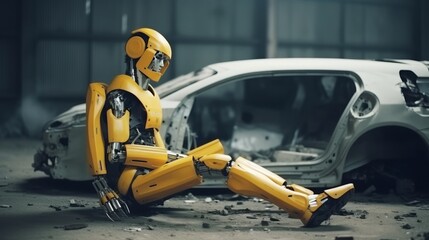 Fototapeta premium Futuristic Robot Crash Test Dummy Sitting Near Destroyed Car Crash Test - Generative AI