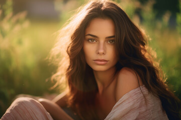 Naklejka premium relaxation, beautiful brunette woman relaxing, summer day Generative AI