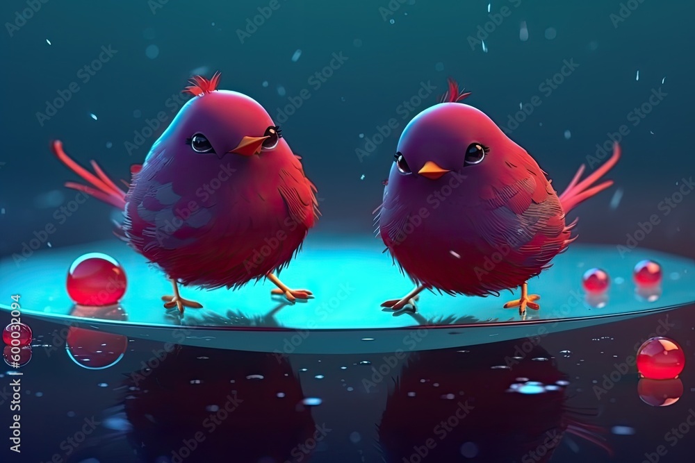Poster two red birds perched on the edge of a shallow pond generative ai
