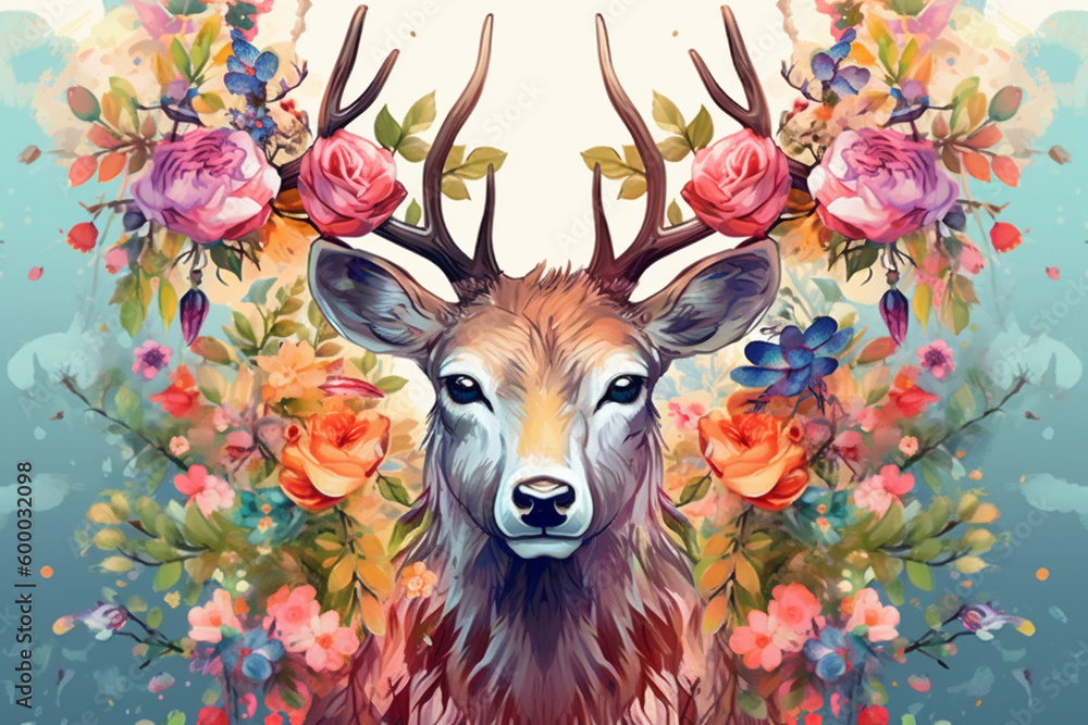 Wall mural abstract style of drawing colorful flowers wall digital art with deer. modern wall decor on light ba