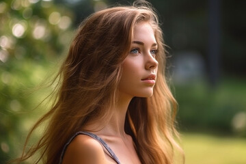 Naklejka premium teenager or young adult outdoors in nature or garden or park, green plants or trees in background, slim figure, tank top in summer in sunshine. Generative AI
