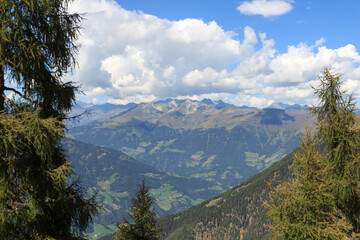 Mountain panorama view seen from mountain Hirzer in Saltaus, South Tyrol, Italy