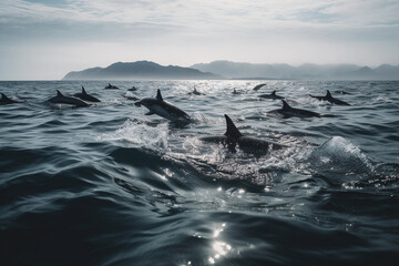 dolphin pack, swimming, jumping, ocean, generative AI