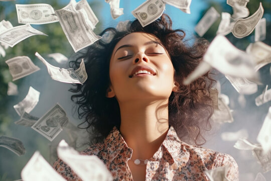 extremely highly emotional young woman with masses of fictitious banknotes, wealth and prosperity, rain of money. Generative AI