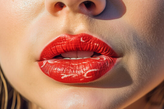 young adult woman with red lipstick which is smudged and rubbed off and spread. Generative AI