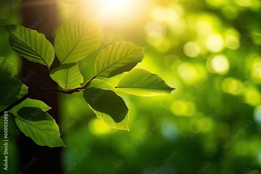 Aufkleber sunlight filtering through green leaves in a forest generative ai