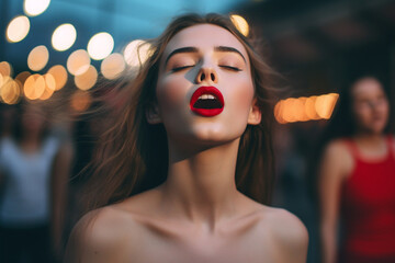 young woman singing along emotionally at a festival or concert, open mouth, red lips. Generative AI