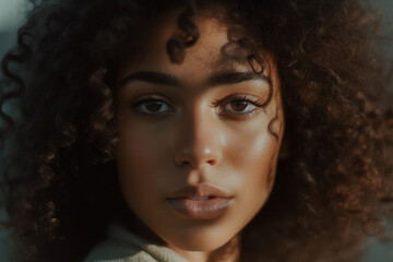 closeup portrait of young adult woman with dark tanned skin and curly hair, attractive face, mouth slightly open, teeth, sunbeams in background from behind, pretty face. Generative AI