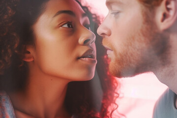 Naklejka premium love between young adult man and woman, tanned dark skin with curly hair woman and white caucasian with red hair man, kissing kiss. Generative AI