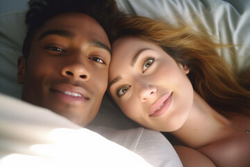 Close-up, corners of mouth pulled up, in bed, young adult woman together with handsome multiracial smiling man. Generative AI