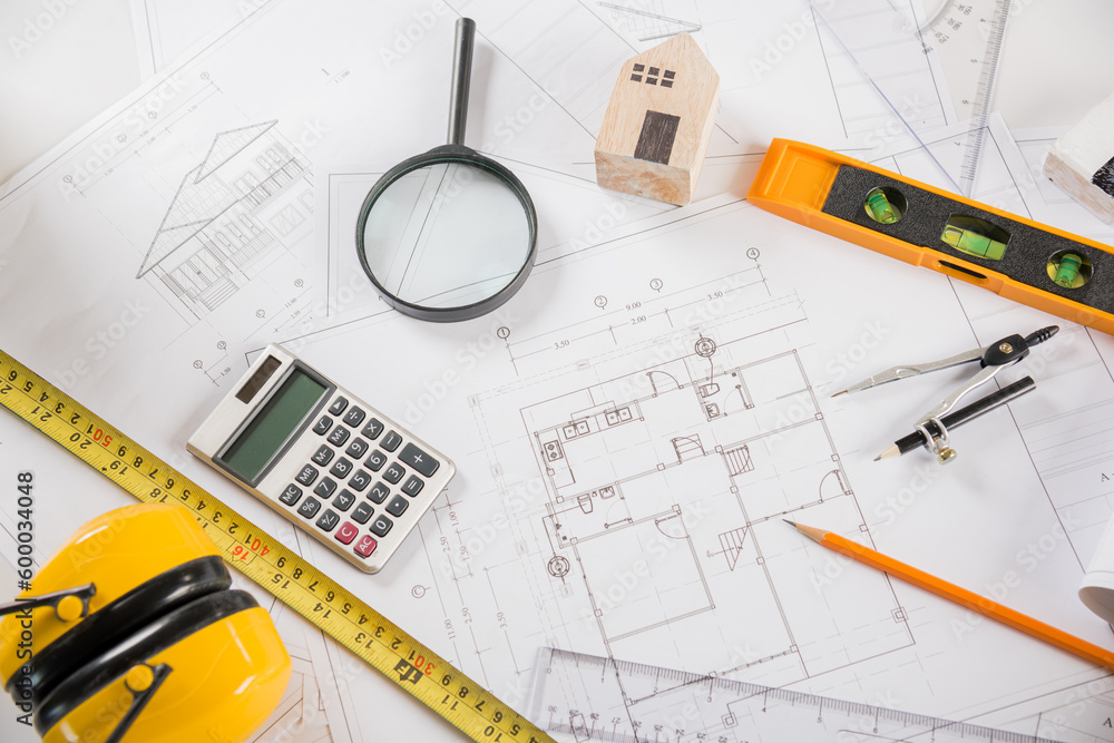 Poster architectural project workplace. top view of house plan blueprint paper with repair tools on table d