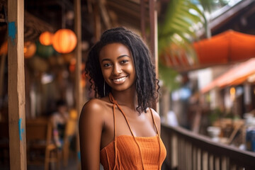 tropical hotel big balcony palm tree bamboo fence with view over sandy beach, middle-dark skin, black hair, Indonesian African Asian woman. Generative AI