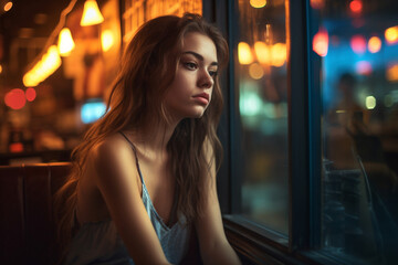 a young adult female or teenager outside in a cafe or bar, alone, gloomy or introverted or sad alone, fictional location. Generative AI