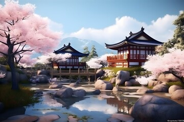 Beautiful scenery of nature for landscape background.. Japanese style and environment. Created with Generative AI technology.