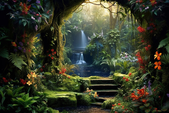 secret garden. lush forest green. sparkeling brooks, royal blue waterfall . Generative AI