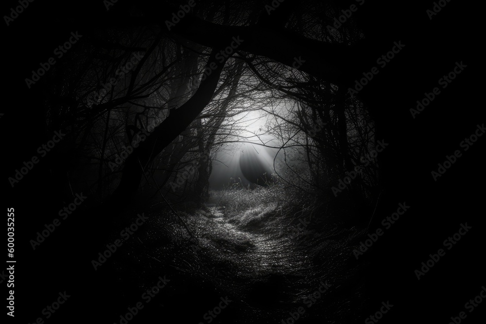 Poster mysterious forest with a glowing light at the end of the path generative ai