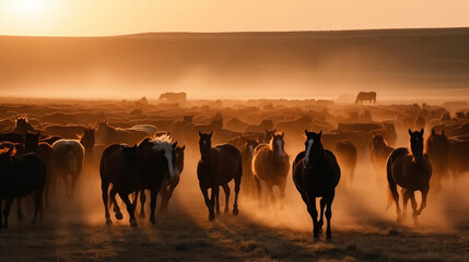 Fototapeta na wymiar sunset in continent horses
