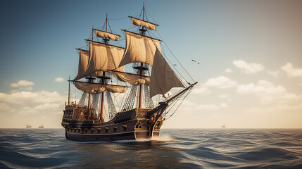 Fototapeta na wymiar old ship in the sea pirate 
