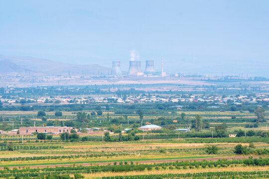 View of Metsamor Nuclear Power Plant on sunny day. Armavir Province, Armenia.