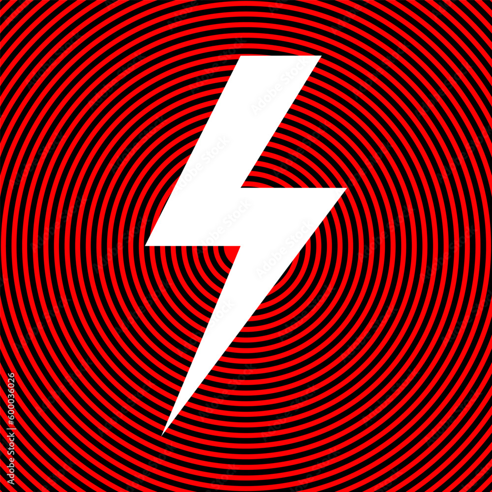 Poster vector lightning flat icon. white icon on red and black radial pattern as isolated background.