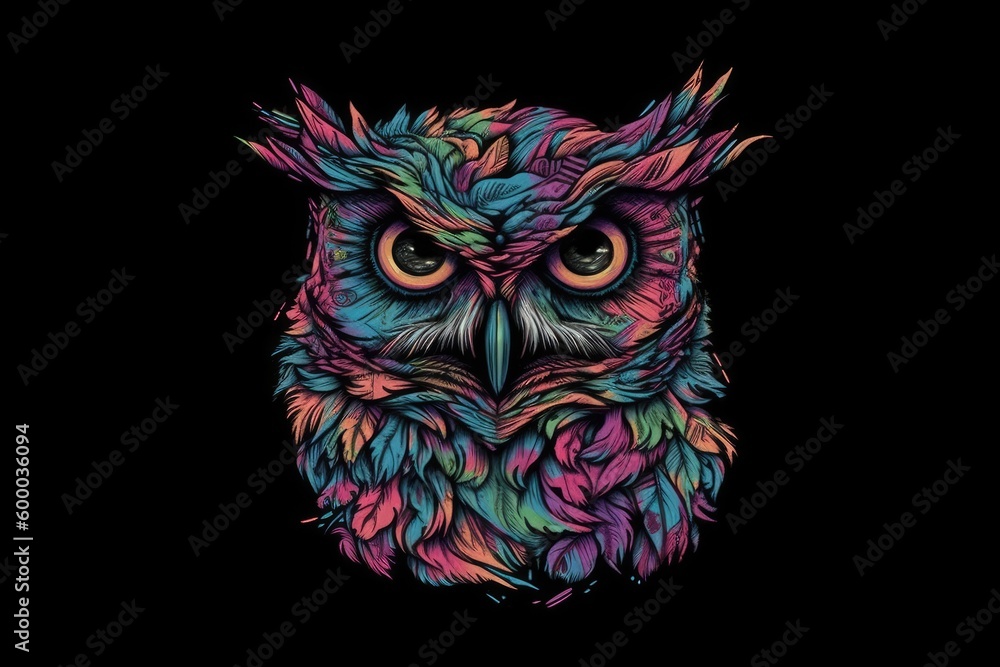 Poster colorful owl with vibrant feathers on a dark background generative ai