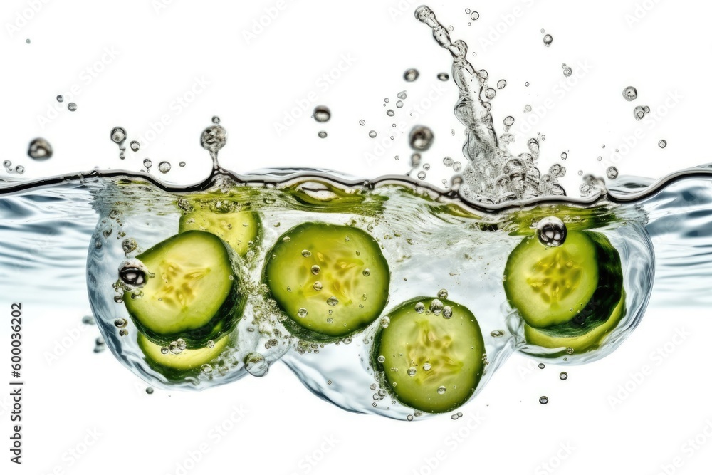 Poster floating cucumbers in water with bubbles generative ai