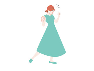 下を見て何かに気づくワンピースを着た女性　png