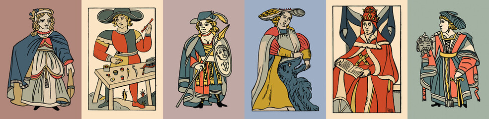 Medieval characters. Vector illustration. Set of four vintage illustrations.