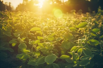 Fototapeta na wymiar sunlit field of lush green plants Generative AI