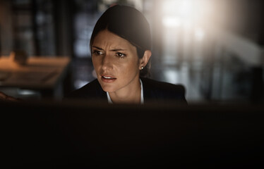 Problem, overtime and woman in office, confused with spam email, 404 glitch or crisis online at...