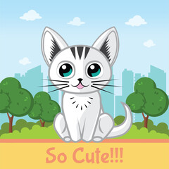 cute cat illustration vector with town background