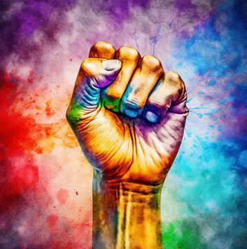 Fist colored with the rainbow flag representing the LGBT community fight