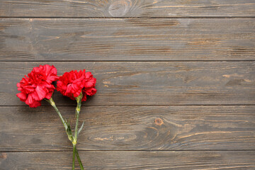 Fototapeta na wymiar Two red carnations on brown wooden background