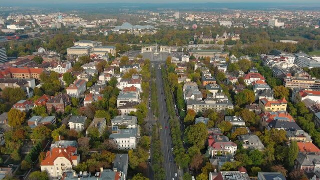 Budapest, Hungary, 4K flying above Heroes Square (Hosok tere) and Andrassy avenue on a sunny winter day