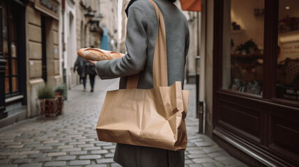 Parisien Baguette Bread in biodegradable paper bag. Generative AI