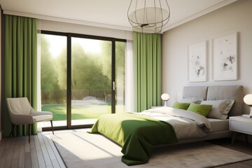 serene bedroom with white bed and green curtains Generative AI