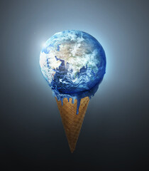 Earth ice cream, cone and globe with climate change, melting and international disaster. Sphere...