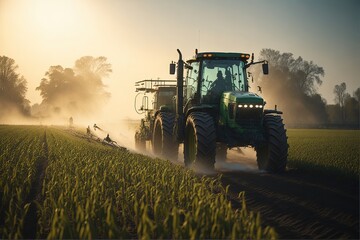 Tractor in a farm field at sunset, Agricultural activity.