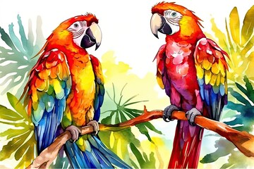 two vibrant parrots perched on a branch in a tropical setting Generative AI