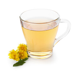 Glass cup of healthy dandelion tea on white background